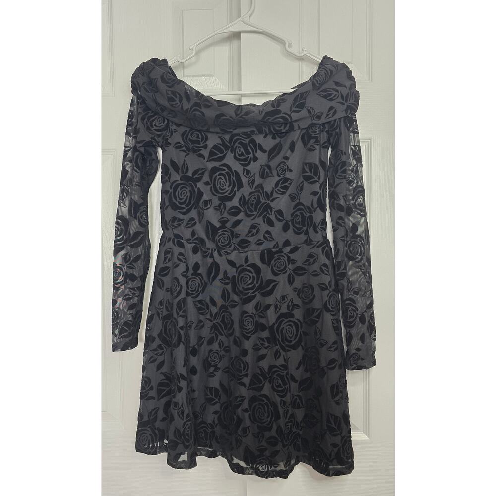 Wild Fable Long Sleeve Flocked Mini Fit and Flare Black Holiday Dress- Small